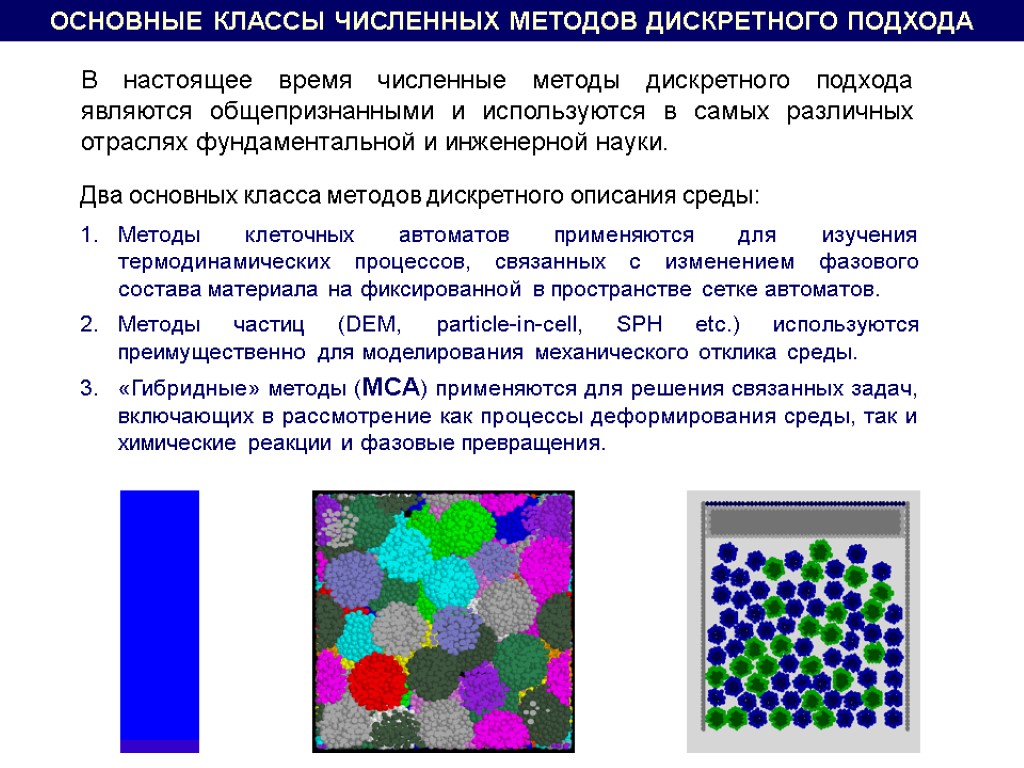 Два основных класса методов дискретного описания среды: Методы клеточных автоматов применяются для изучения термодинамических